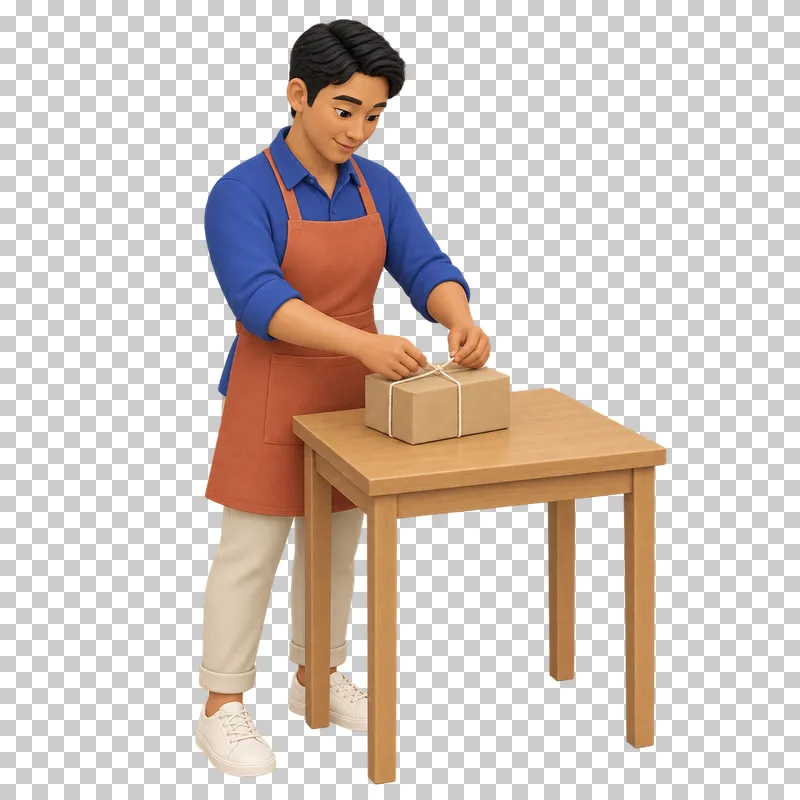 A 3D shop owner tying twine around a small product package.
