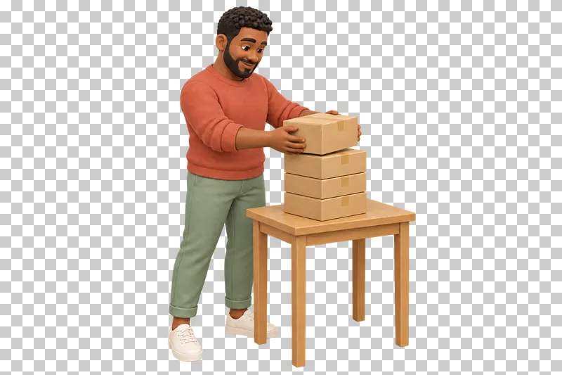 A 3D shop owner placing a ready parcel onto a stack of three boxes.