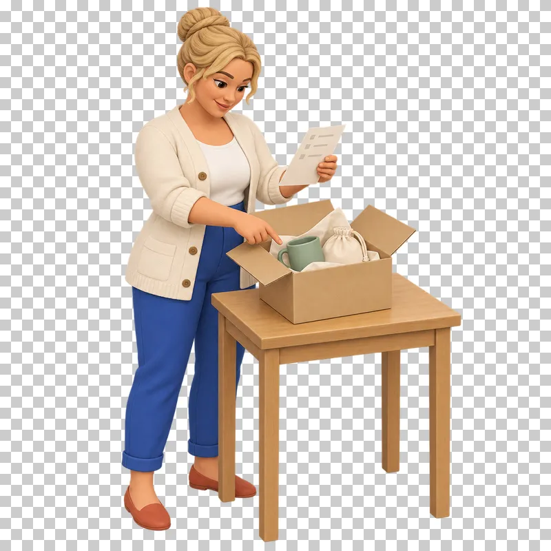 A 3D shop owner checking the contents of an order against a paper checklist.