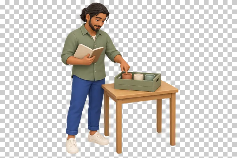 A 3D shop owner checking stock with a notebook and a small crate of products.