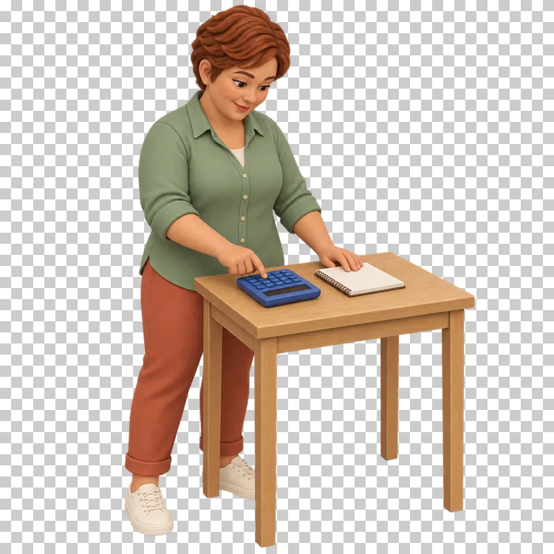 A 3D shop owner calculating product costs with a calculator at a small table.