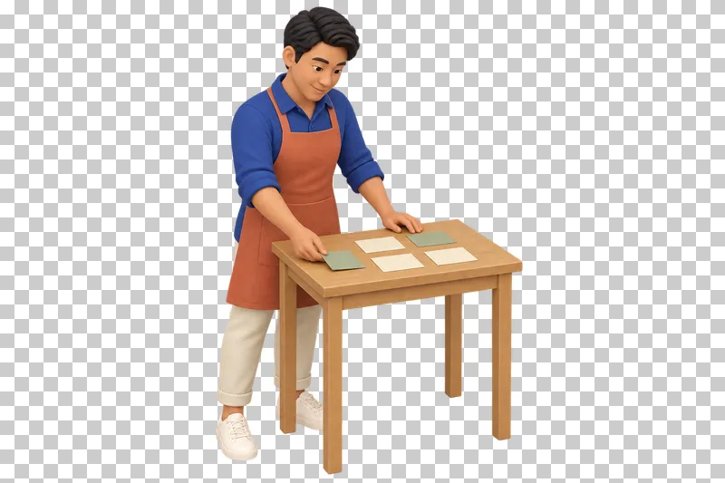 A 3D shop owner planning shop tasks with blank cards spread across a small table.