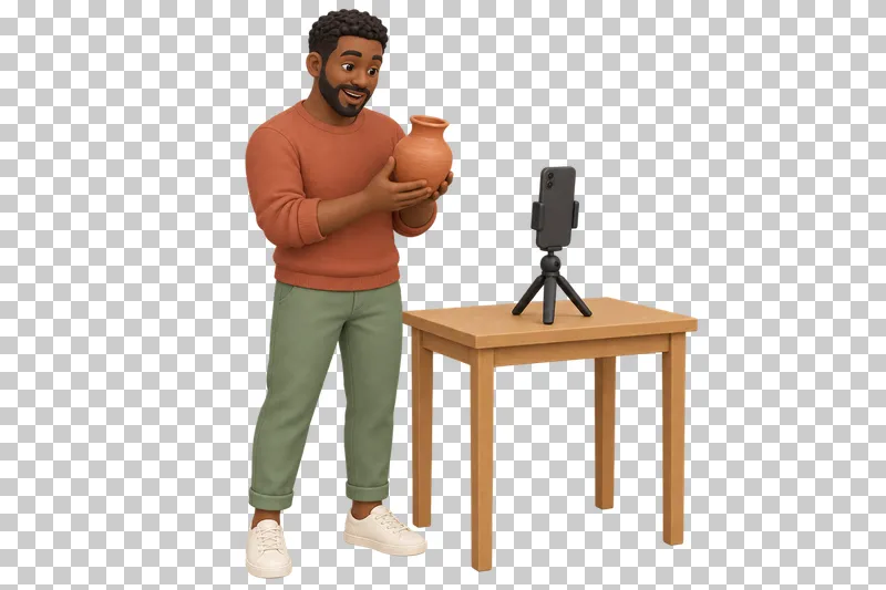 A 3D shop owner presenting a product during a phone livestream.