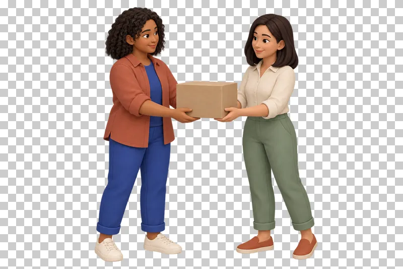 A 3D shop owner handing a packaged purchase to another adult.