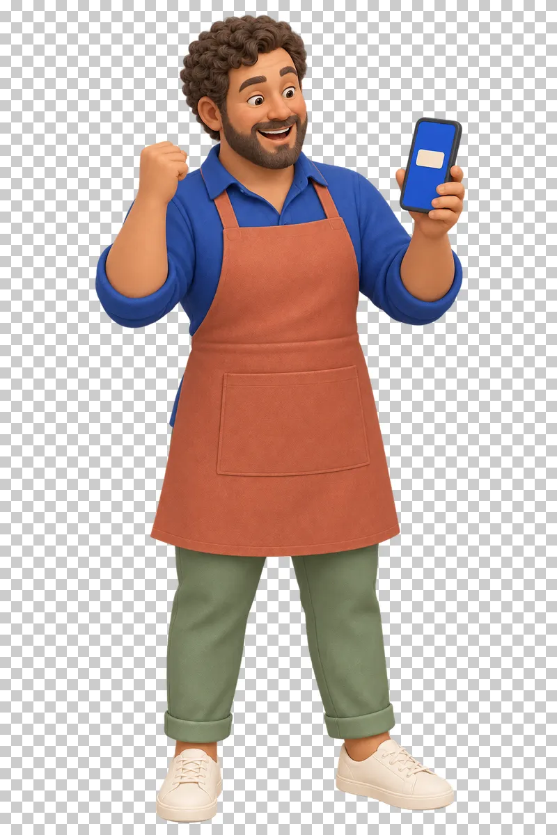 A 3D shop owner celebrating a first order shown on a phone.