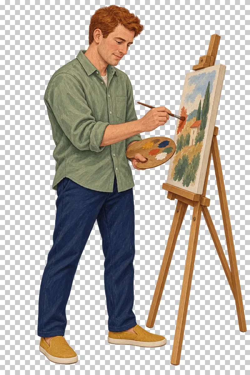 A gouache illustration of an adult painting at an easel, with the complete person and necessary tools visible.