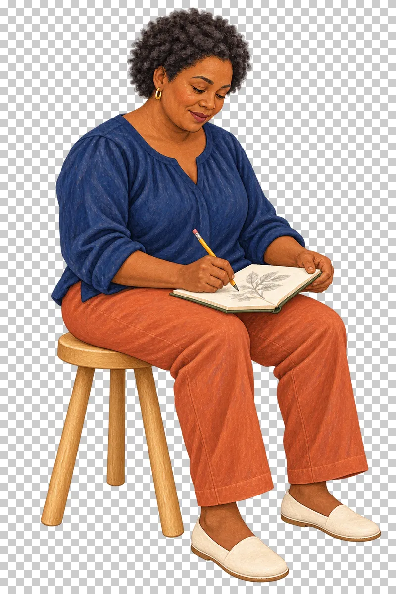 A gouache illustration of an adult sketching in a notebook, with the complete person and necessary tools visible.