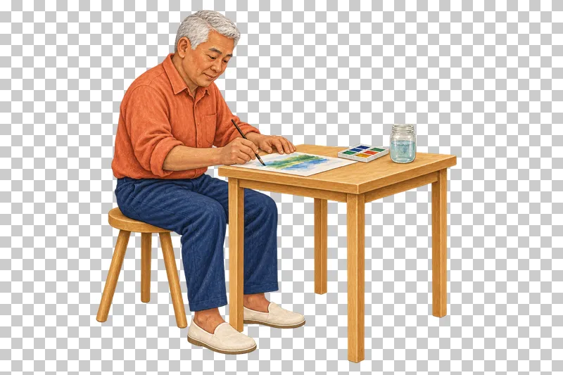 A gouache illustration of an adult painting with watercolors, with the complete person and necessary tools visible.