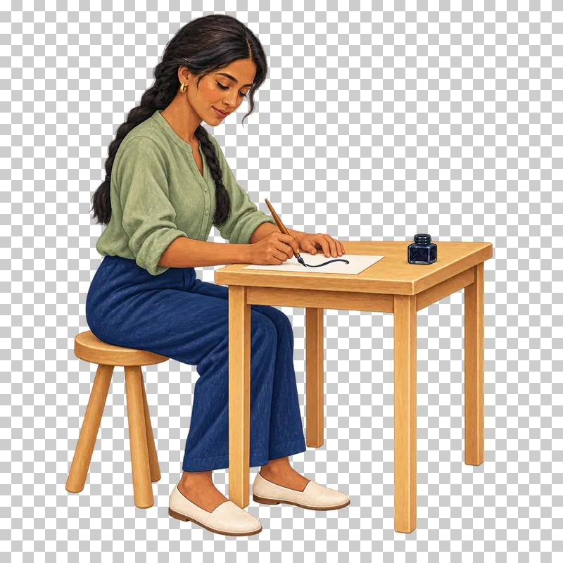 A gouache illustration of an adult writing with a calligraphy pen, with the complete person and necessary tools visible.