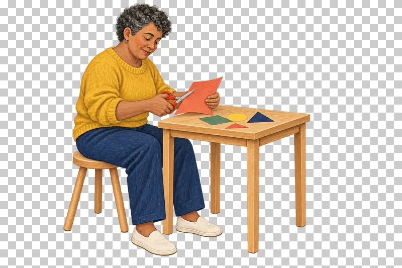A gouache illustration of an adult cutting a paper collage, with the complete person and necessary tools visible.