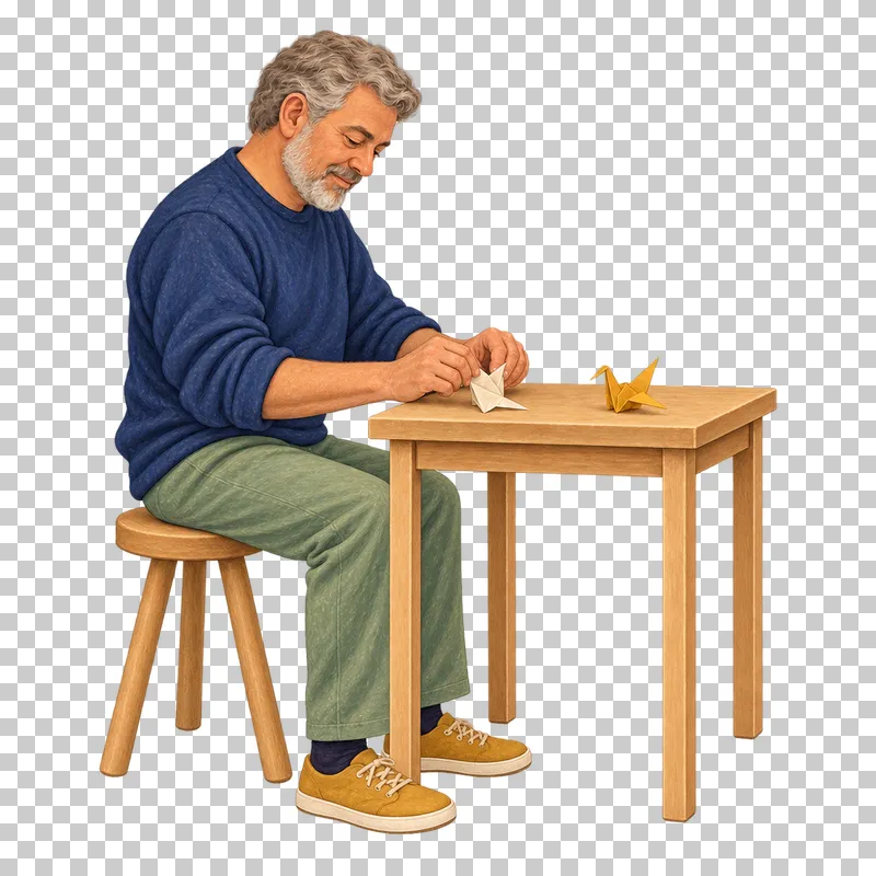 A gouache illustration of an adult folding origami, with the complete person and necessary tools visible.