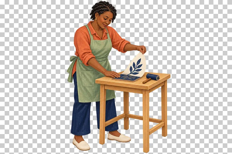 A gouache illustration of an adult making a linocut print, with the complete person and necessary tools visible.