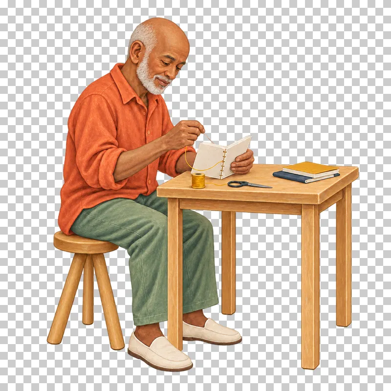 A gouache illustration of an adult hand binding a small notebook, with the complete person and necessary tools visible.