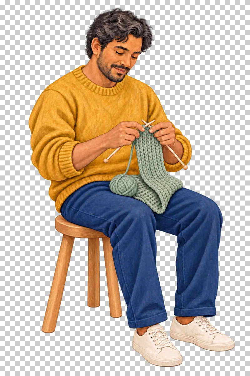 A gouache illustration of an adult knitting, with the complete person and necessary tools visible.