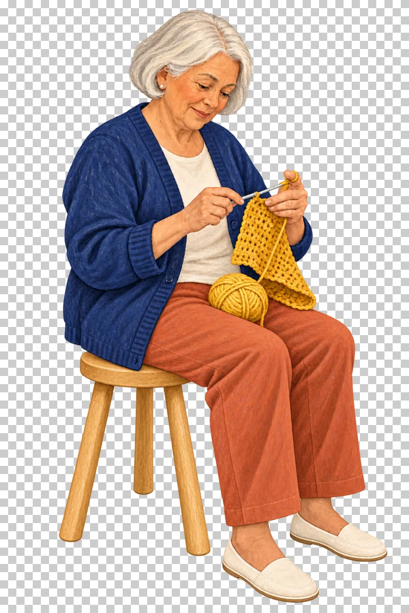 A gouache illustration of an adult crocheting, with the complete person and necessary tools visible.