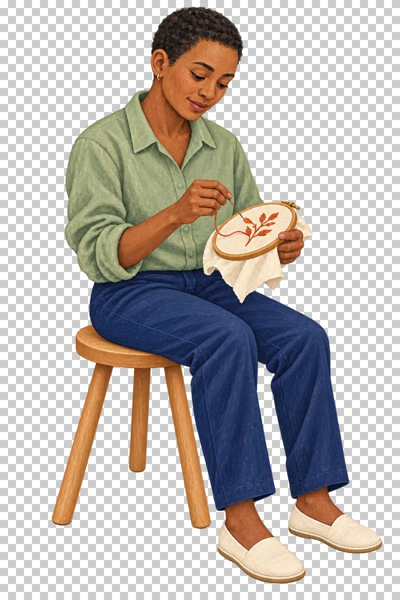A gouache illustration of an adult embroidering in a hoop, with the complete person and necessary tools visible.