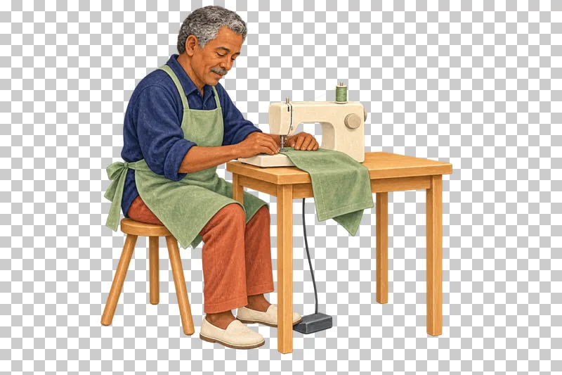 A gouache illustration of an adult sewing on a small machine, with the complete person and necessary tools visible.