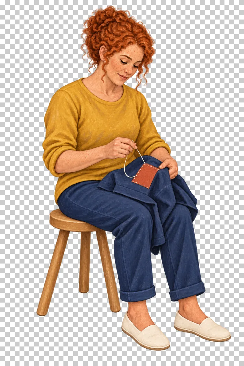 A gouache illustration of an adult sewing a patch by hand, with the complete person and necessary tools visible.