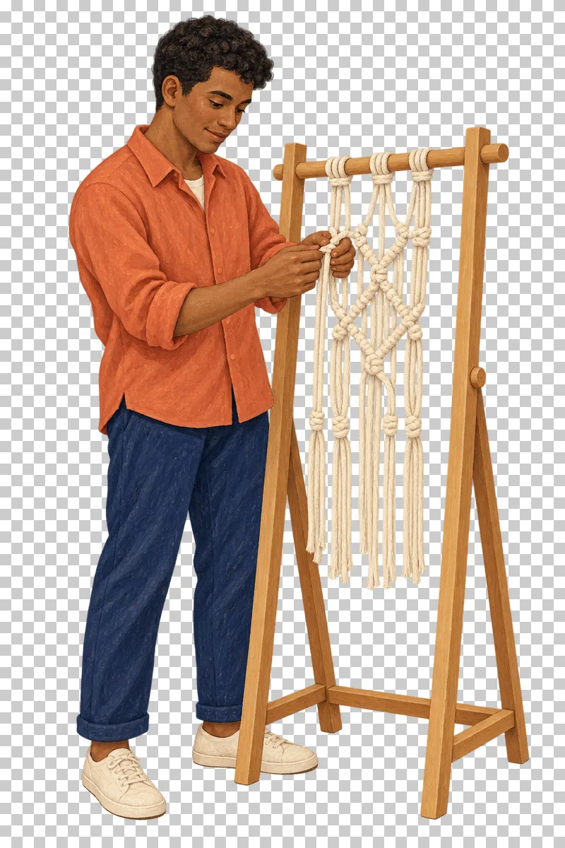 A gouache illustration of an adult tying macrame, with the complete person and necessary tools visible.