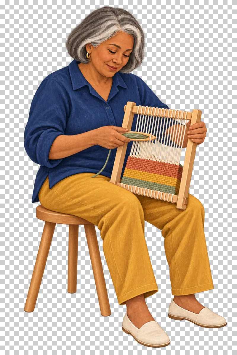 A gouache illustration of an adult weaving on a small frame, with the complete person and necessary tools visible.