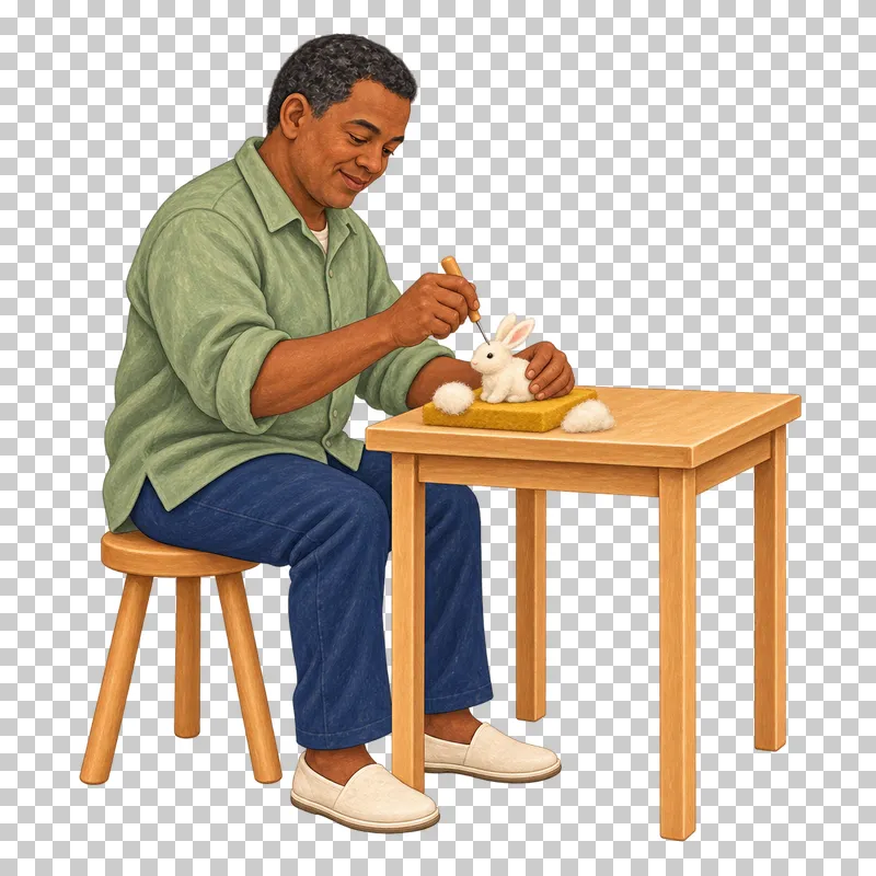 A gouache illustration of an adult needle felting a wool figure, with the complete person and necessary tools visible.