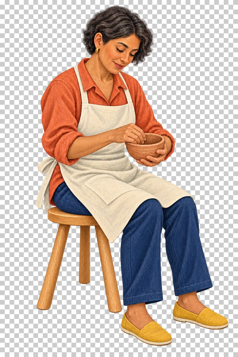 A gouache illustration of an adult forming a clay bowl by hand, with the complete person and necessary tools visible.