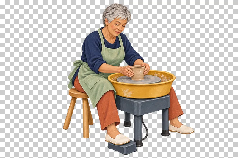 A gouache illustration of an adult throwing pottery on a wheel, with the complete person and necessary tools visible.