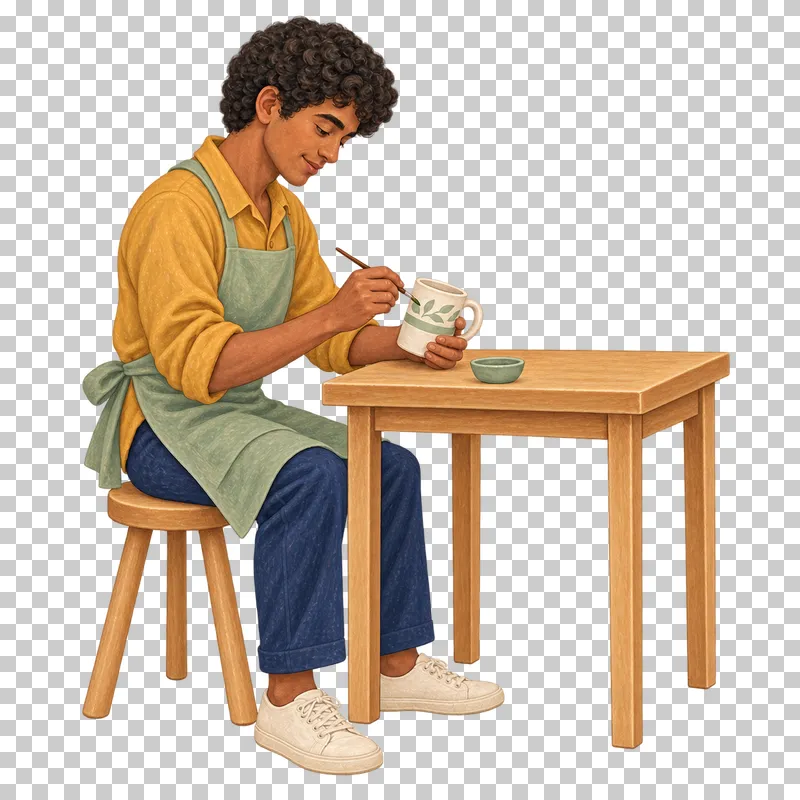 A gouache illustration of an adult decorating a ceramic mug, with the complete person and necessary tools visible.