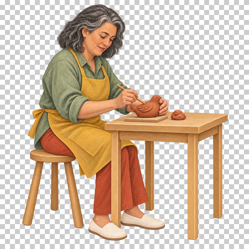 A gouache illustration of an adult sculpting a small clay figure, with the complete person and necessary tools visible.