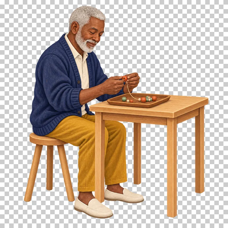 A gouache illustration of an adult stringing beads, with the complete person and necessary tools visible.
