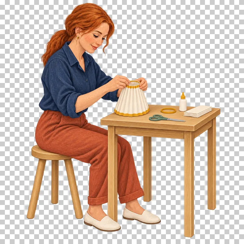 A gouache illustration of an adult assembling a paper lampshade, with the complete person and necessary tools visible.