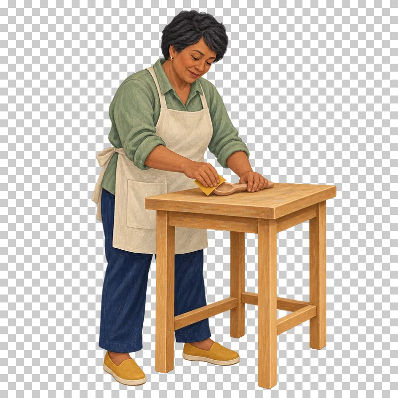 A gouache illustration of an adult sanding a small wooden object, with the complete person and necessary tools visible.