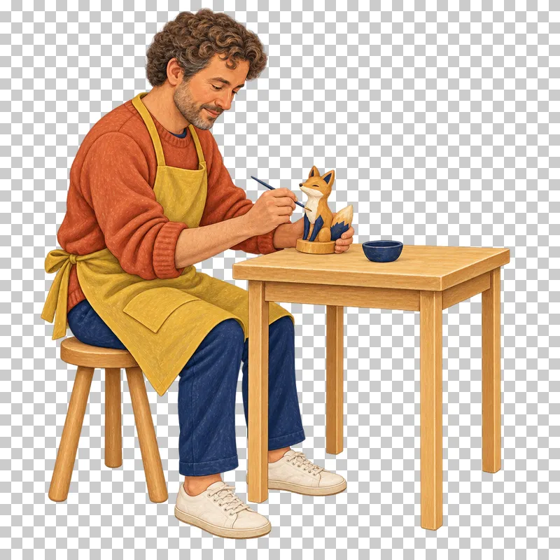 A gouache illustration of an adult painting a wooden figurine, with the complete person and necessary tools visible.