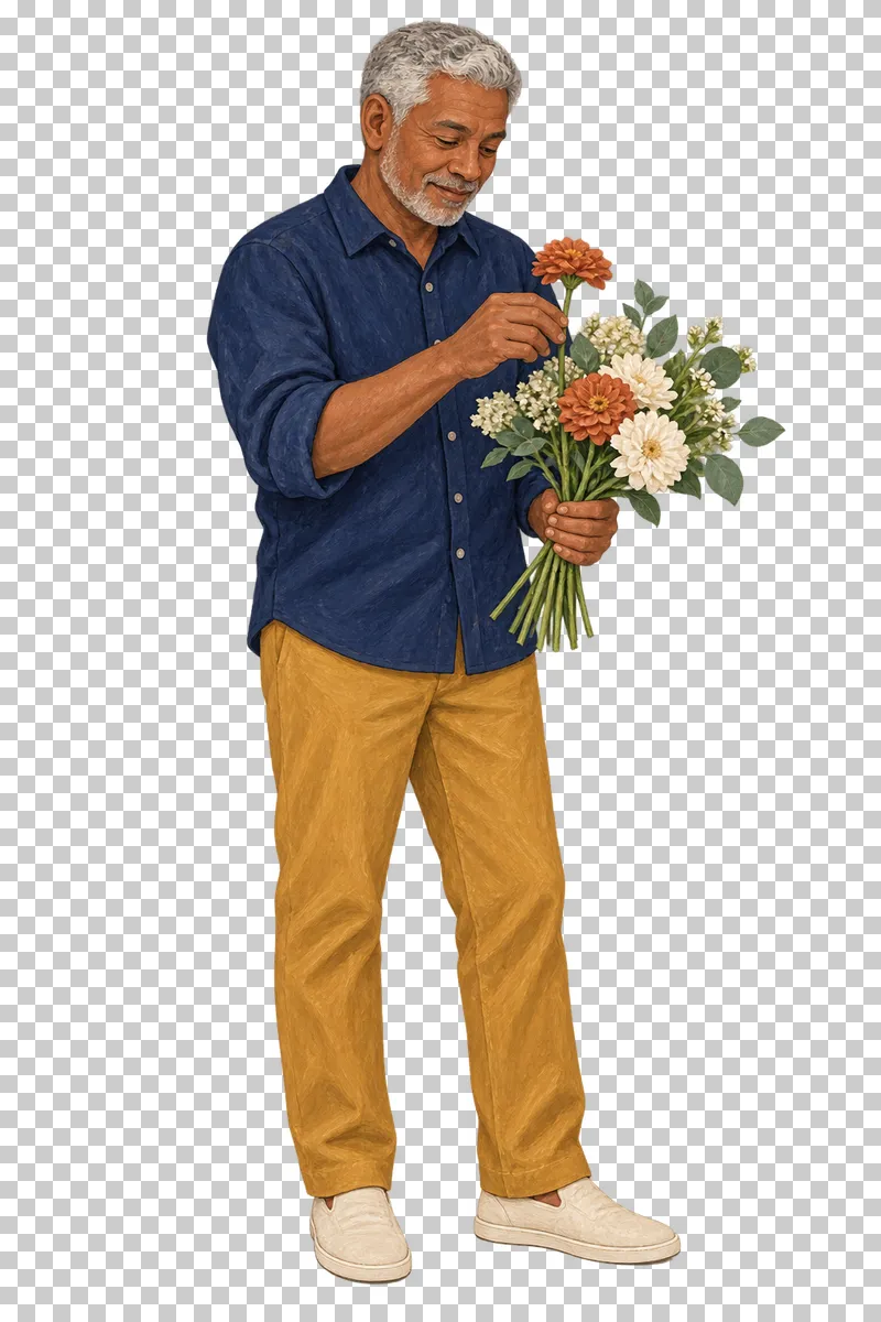 A gouache illustration of an adult arranging a bouquet, with the complete person and necessary tools visible.