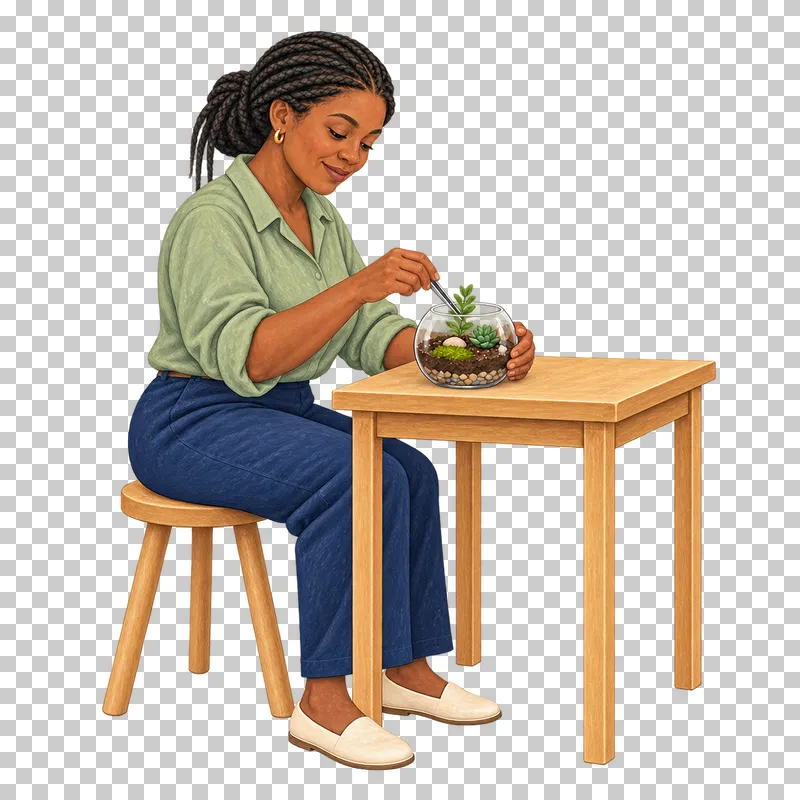A gouache illustration of an adult composing a small terrarium, with the complete person and necessary tools visible.