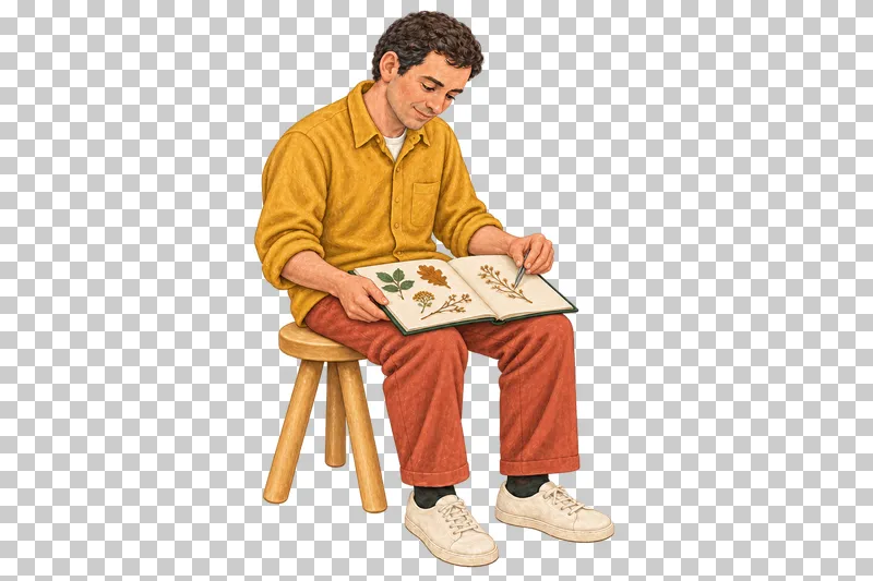 A gouache illustration of an adult placing dried plants in an album, with the complete person and necessary tools visible.