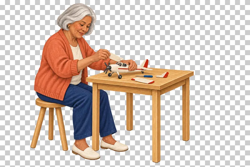 A gouache illustration of an adult assembling a model airplane, with the complete person and necessary tools visible.
