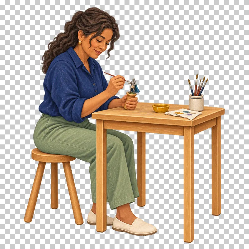A gouache illustration of an adult painting a miniature, with the complete person and necessary tools visible.