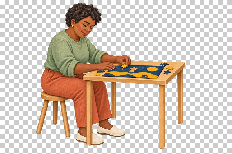A gouache illustration of an adult putting together a jigsaw puzzle, with the complete person and necessary tools visible.