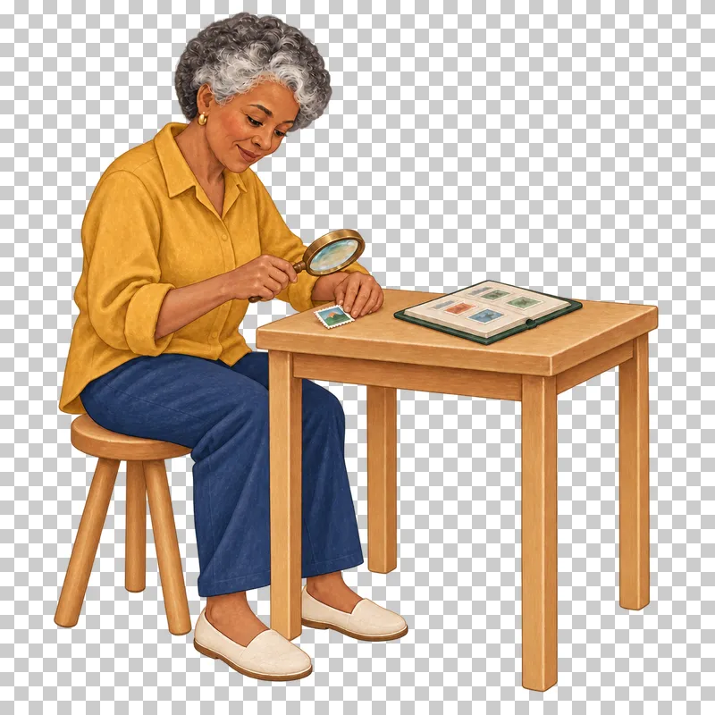 A gouache illustration of an adult inspecting a stamp through a magnifier, with the complete person and necessary tools visible.