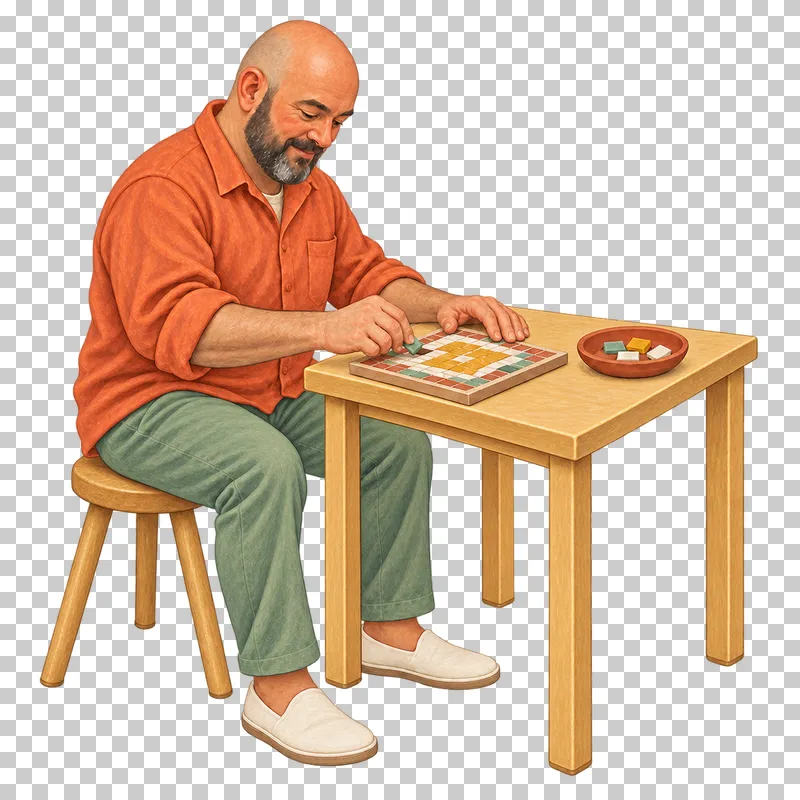 A gouache illustration of an adult assembling a small mosaic, with the complete person and necessary tools visible.