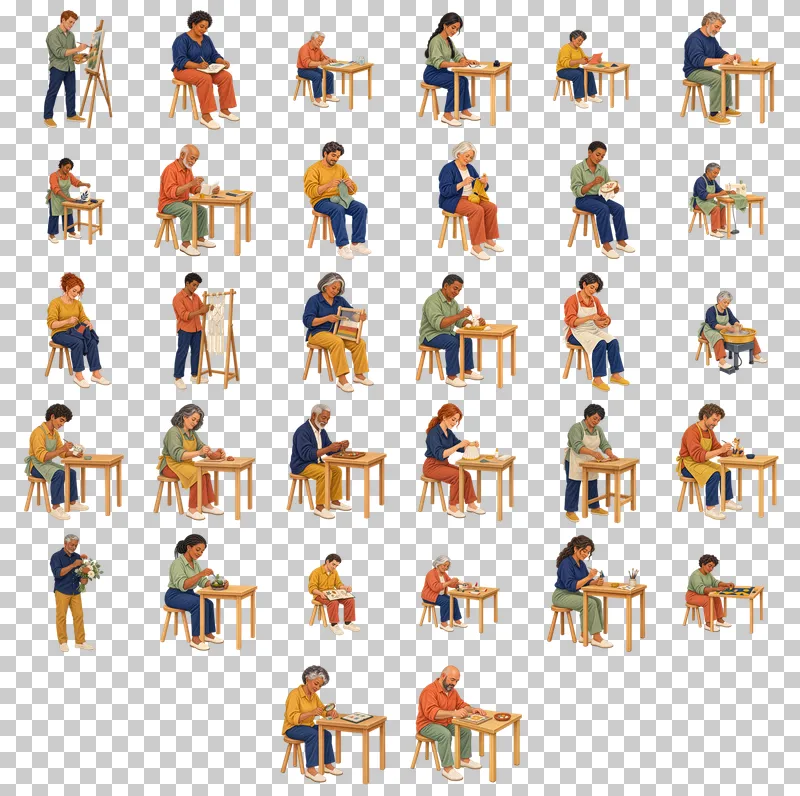 Creative Hobby People Gouache PNG Collection: all 32 elements in one grid