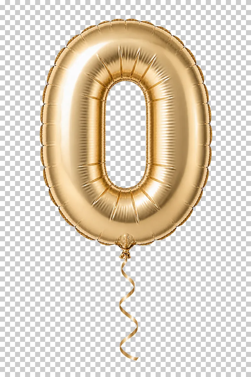 A champagne-gold foil balloon shaped as the digit 0, with a sealed seam and a complete curling ribbon.