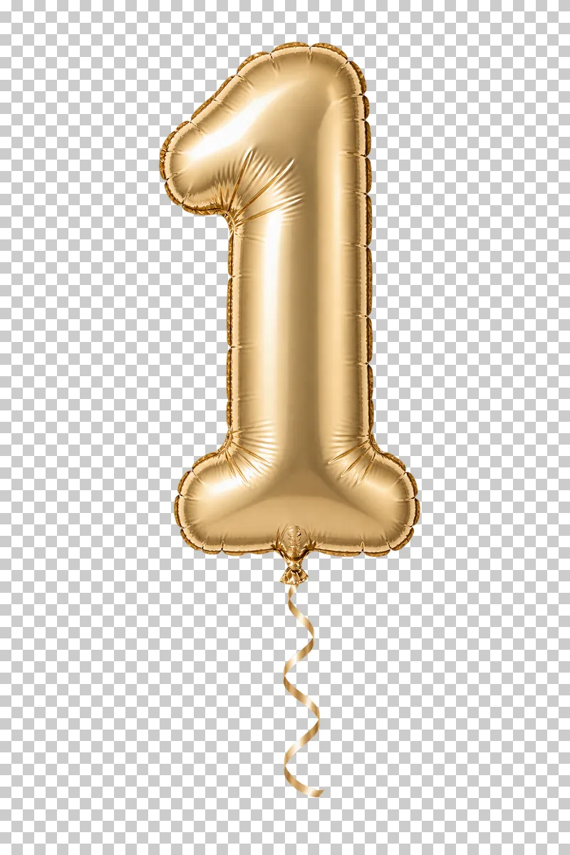 A champagne-gold foil balloon shaped as the digit 1, with a sealed seam and a complete curling ribbon.