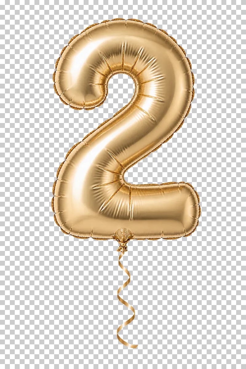 A champagne-gold foil balloon shaped as the digit 2, with a sealed seam and a complete curling ribbon.