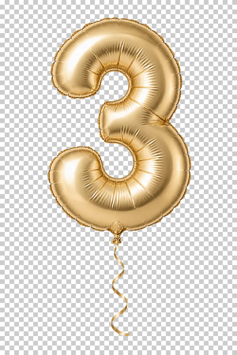 A champagne-gold foil balloon shaped as the digit 3, with a sealed seam and a complete curling ribbon.