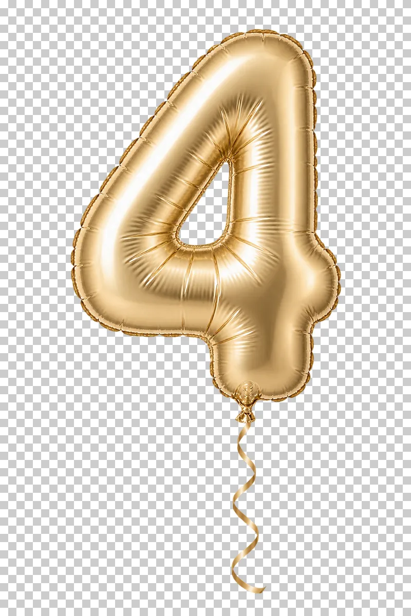 A champagne-gold foil balloon shaped as the digit 4, with a sealed seam and a complete curling ribbon.