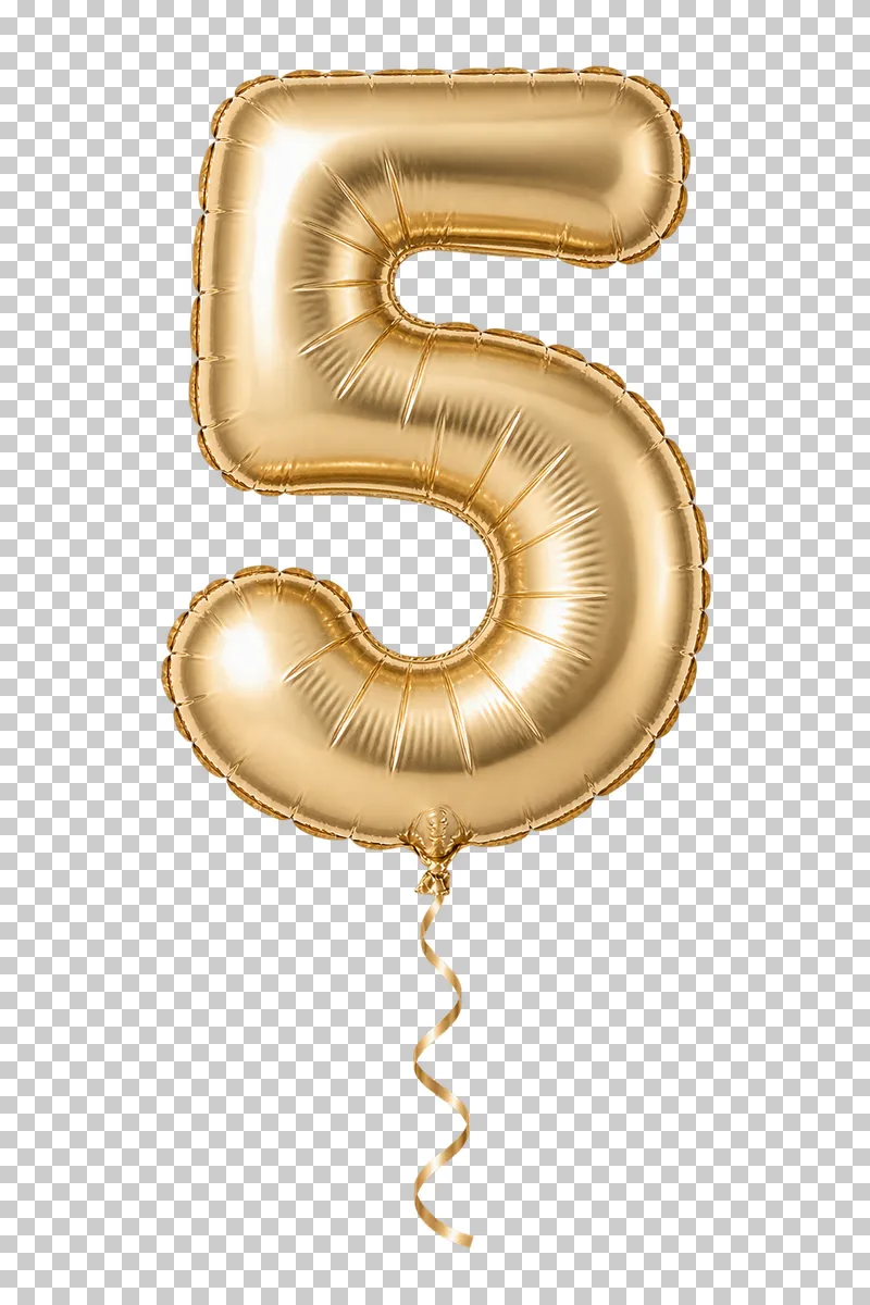 A champagne-gold foil balloon shaped as the digit 5, with a sealed seam and a complete curling ribbon.