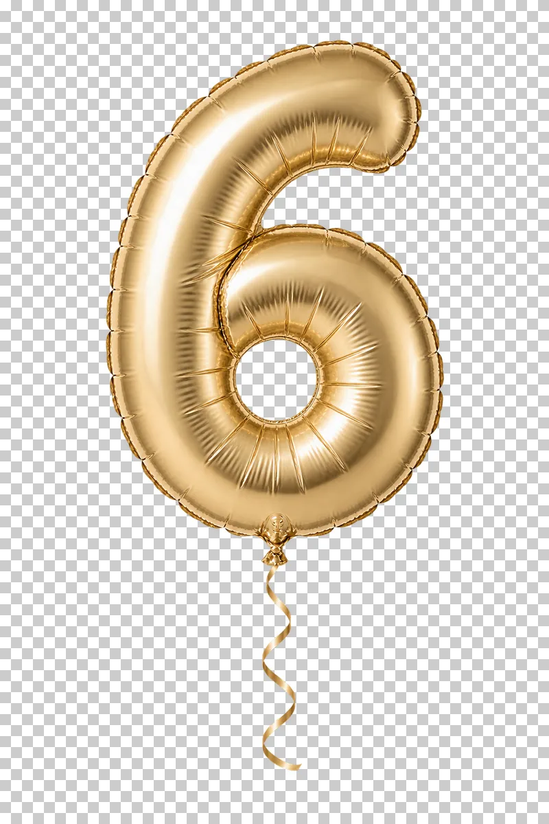 A champagne-gold foil balloon shaped as the digit 6, with a sealed seam and a complete curling ribbon.