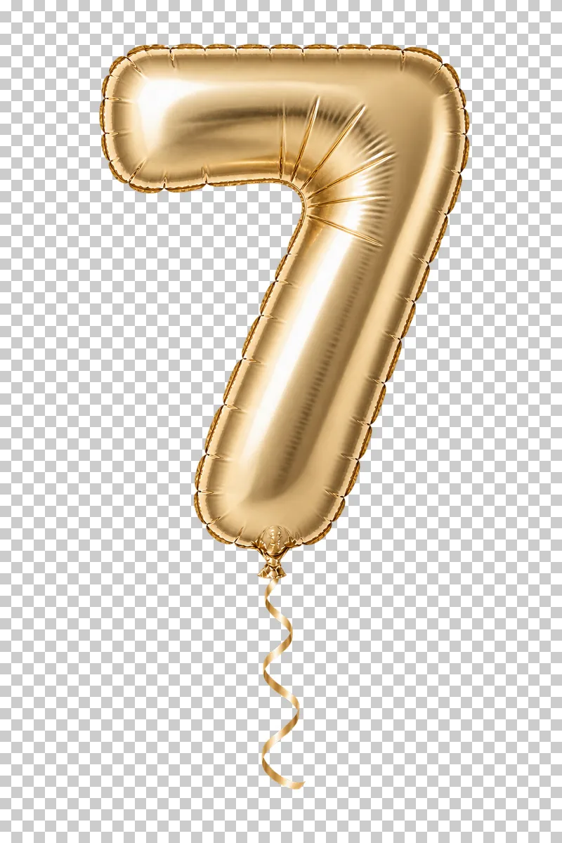 A champagne-gold foil balloon shaped as the digit 7, with a sealed seam and a complete curling ribbon.